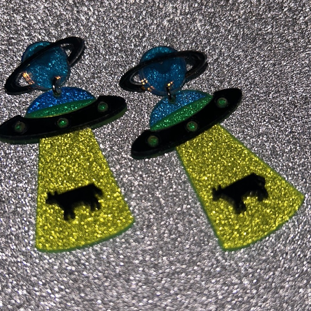 UFO Desert yellow blue Saturn alien cow glow cosmic Barbie earrings space rave - Picture 1 of 5